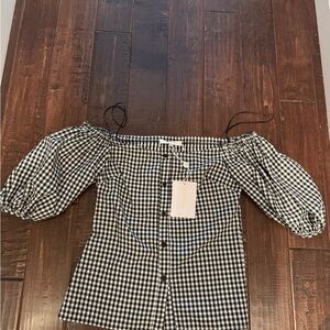Wayf Black and White Checkered Off-Shoulder Blouse